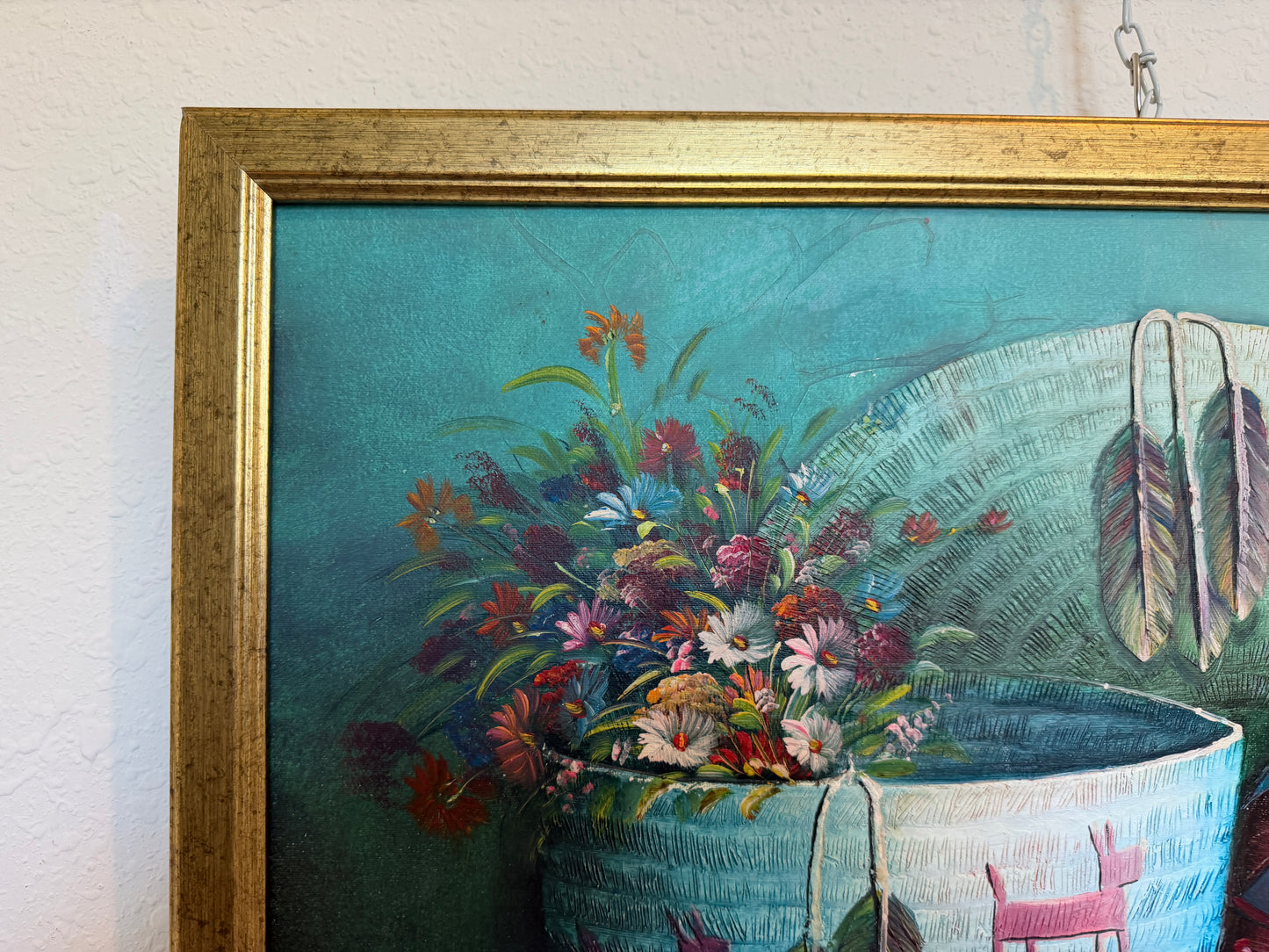 Textured Signed Oil Painting Still Life, Folk Art Pottery Corn Adobe Scene Art