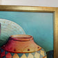 Textured Signed Oil Painting Still Life, Folk Art Pottery Corn Adobe Scene Art