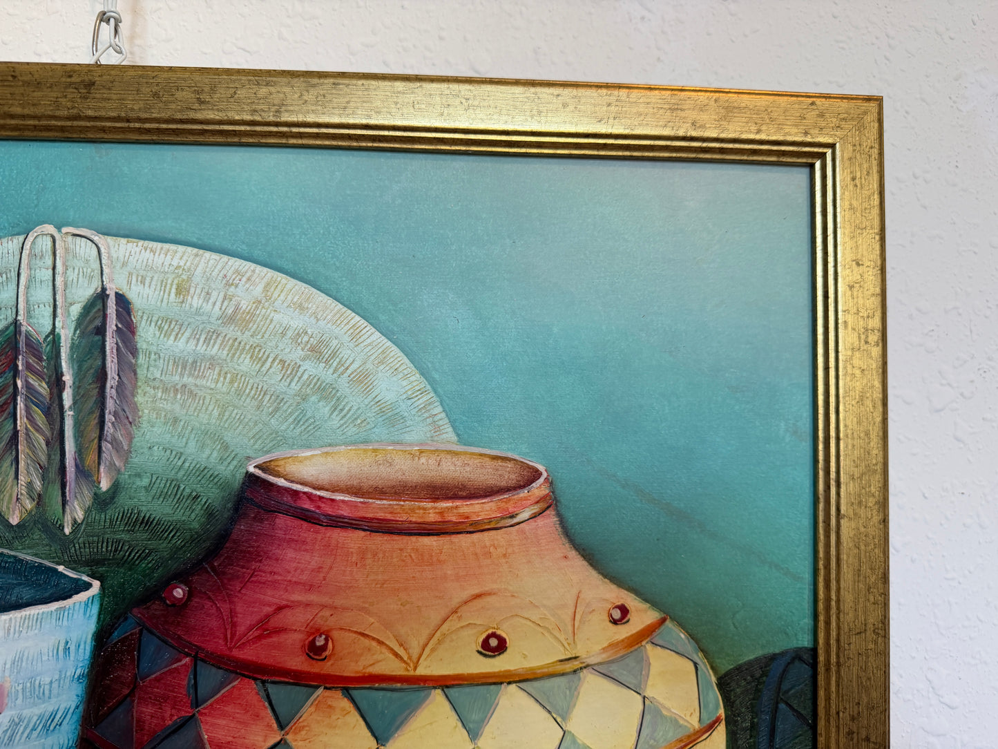 Textured Signed Oil Painting Still Life, Folk Art Pottery Corn Adobe Scene Art