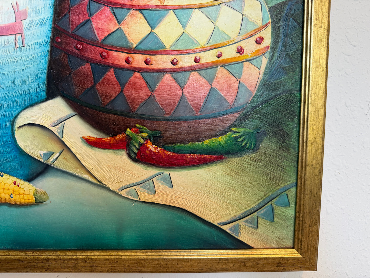 Textured Signed Oil Painting Still Life, Folk Art Pottery Corn Adobe Scene Art