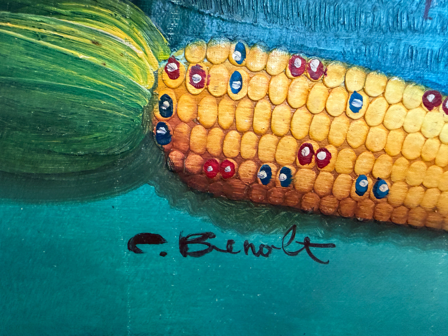 Textured Signed Oil Painting Still Life, Folk Art Pottery Corn Adobe Scene Art