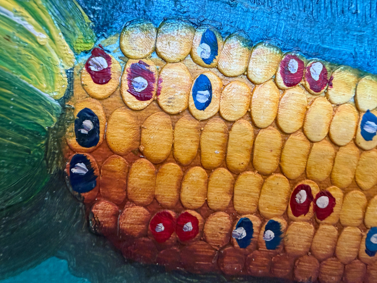 Textured Signed Oil Painting Still Life, Folk Art Pottery Corn Adobe Scene Art