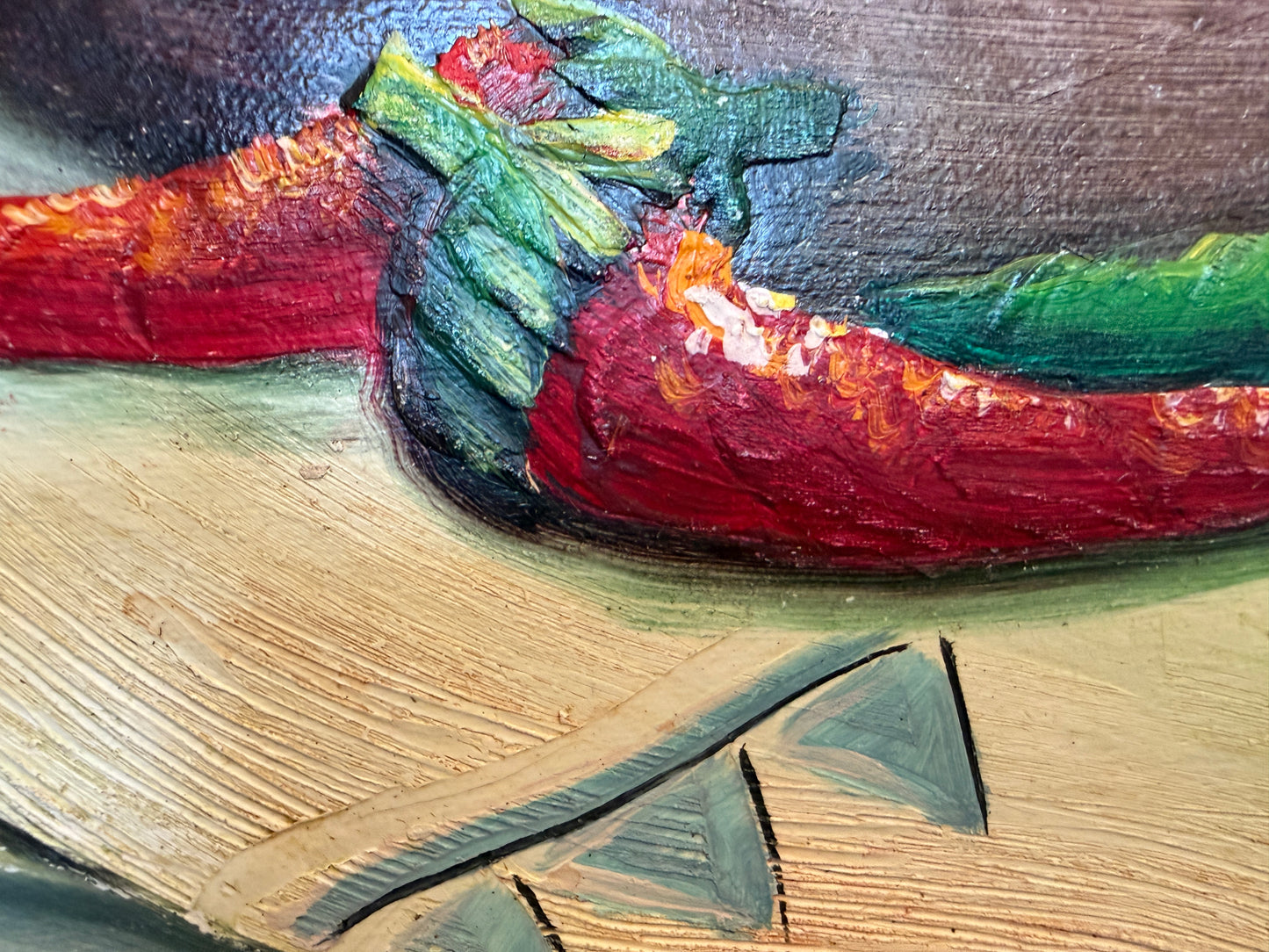 Textured Signed Oil Painting Still Life, Folk Art Pottery Corn Adobe Scene Art