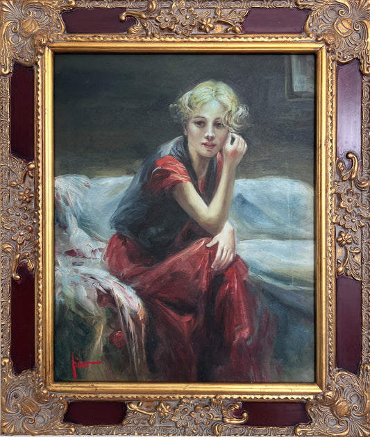 Oil Painting Signed, Framed – Romantic Portrait of a Blonde Woman in Red