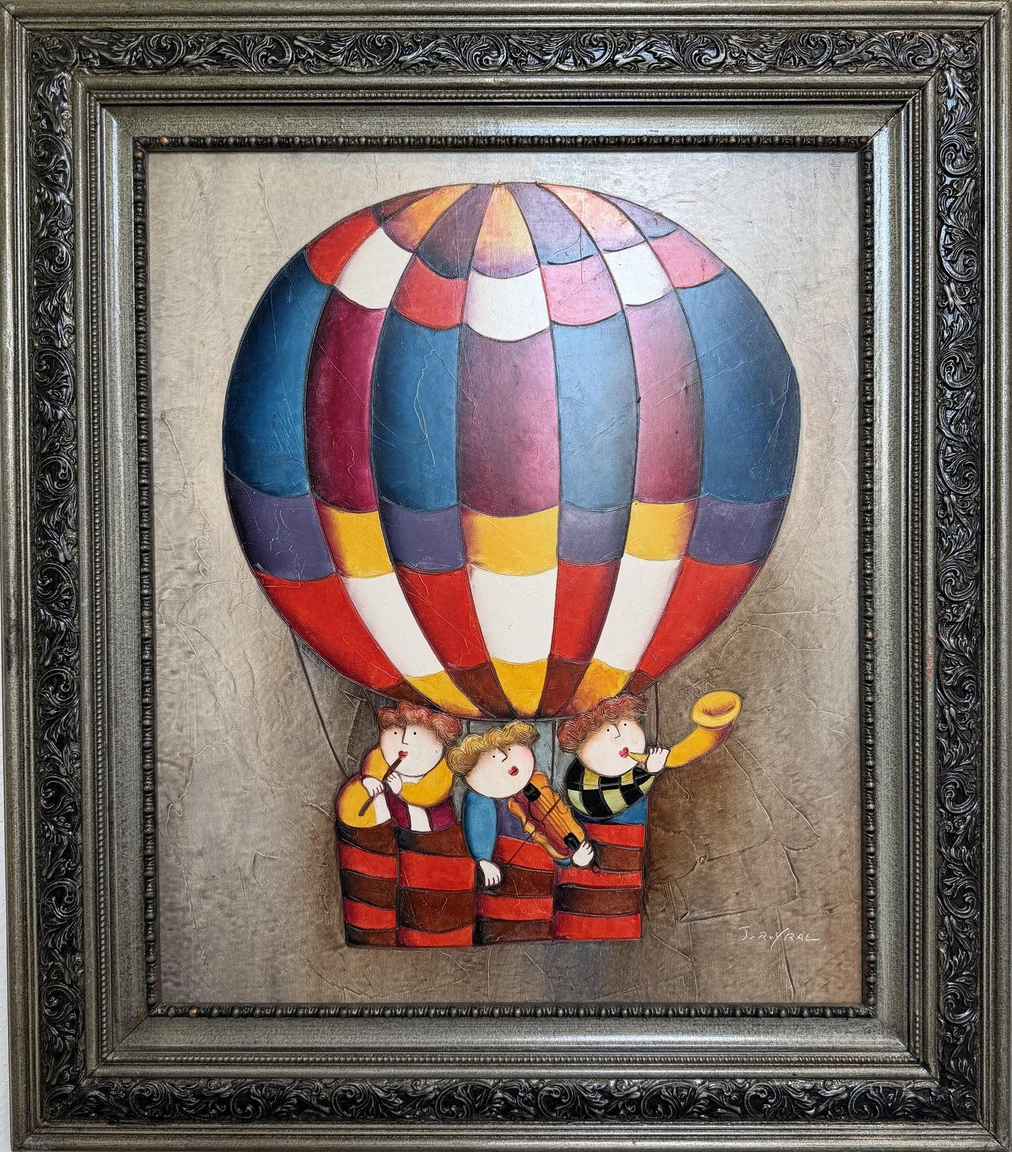 Large Roybal Oil Painting Children Balloon Whimsical Framed Canvas