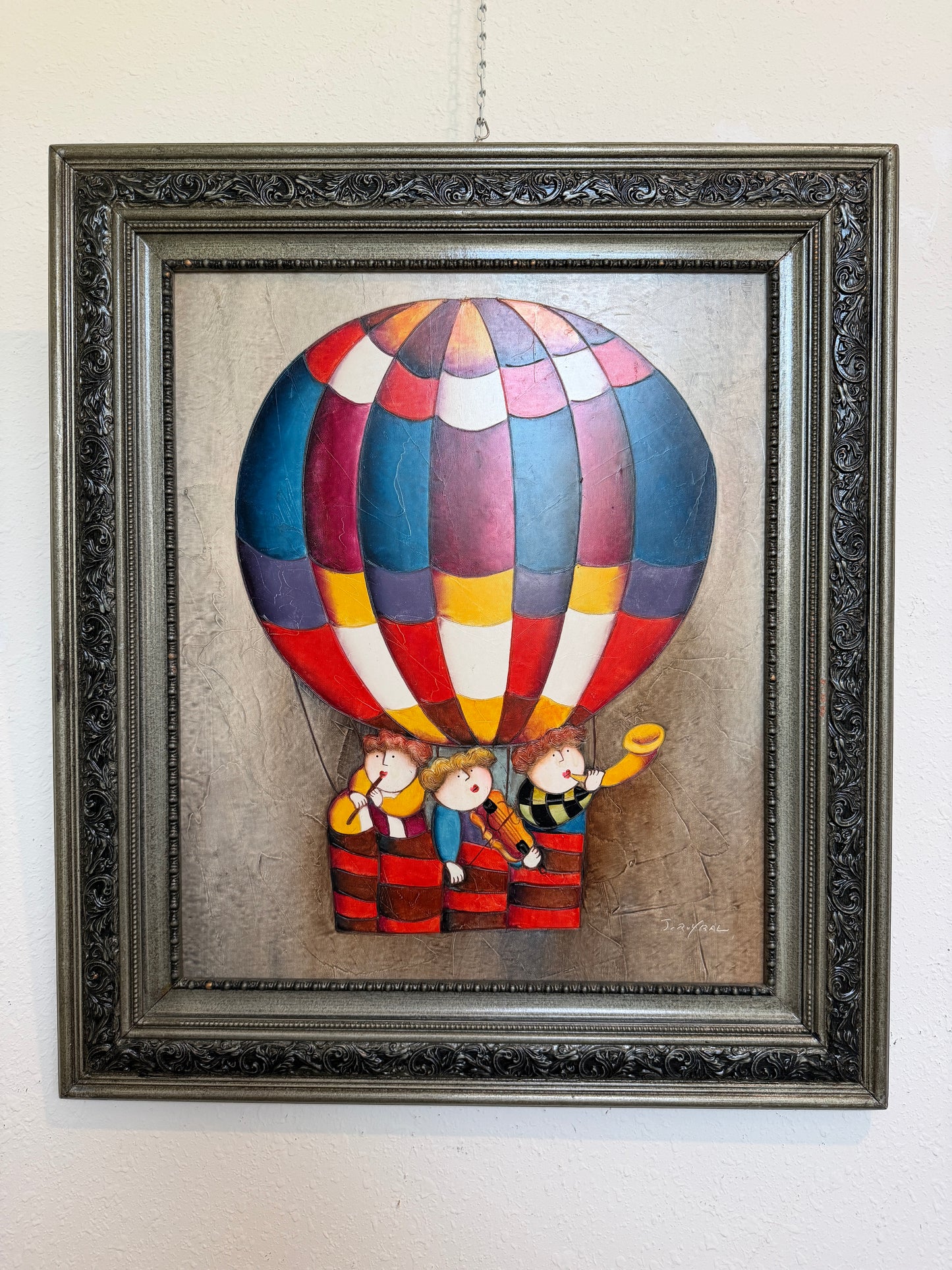 Large Roybal Oil Painting Children Balloon Whimsical Framed Canvas