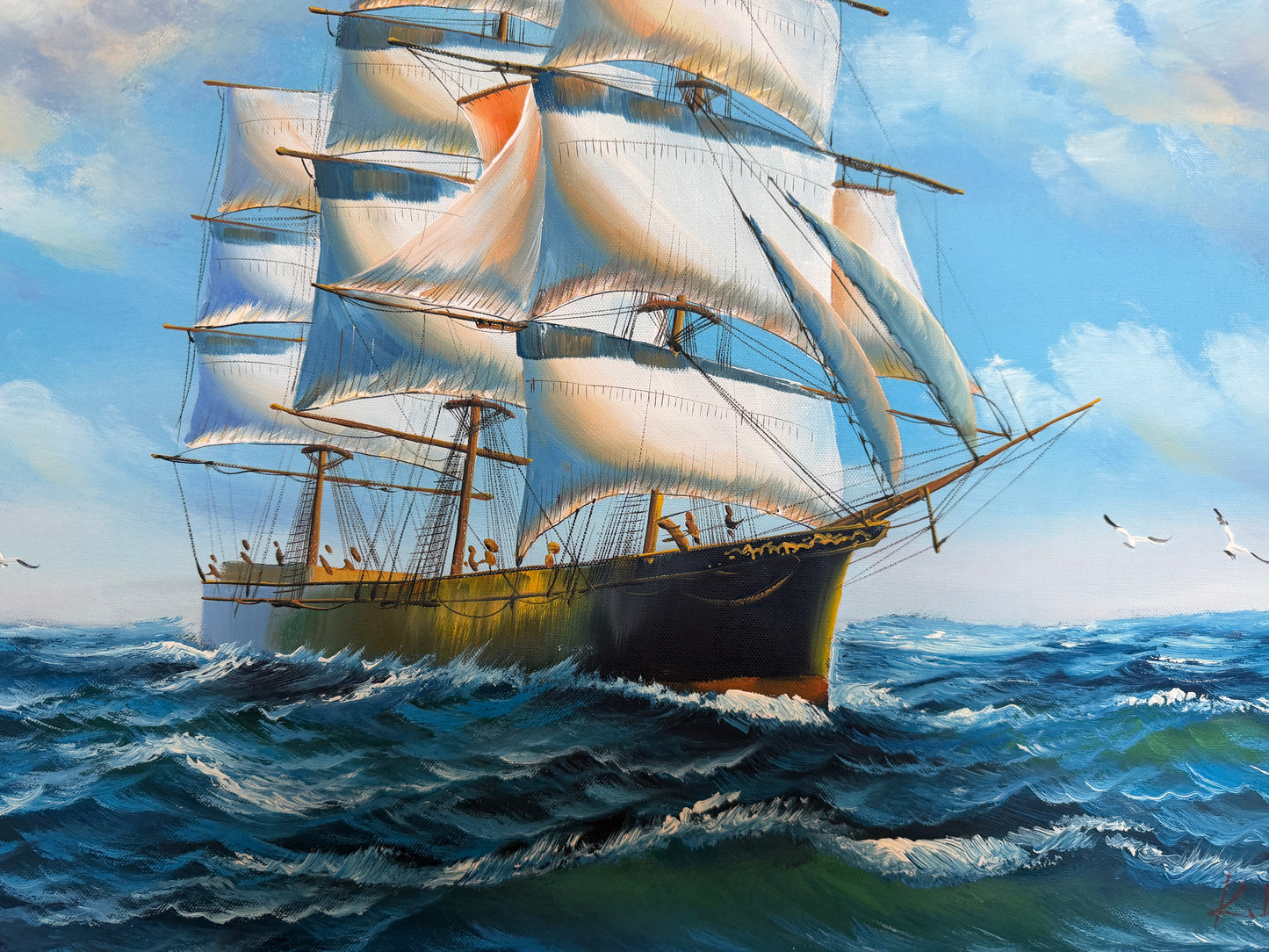 K.Dossi Original Sailing Ship Oil Painting, Nautical Seascape Unique Shell Decor