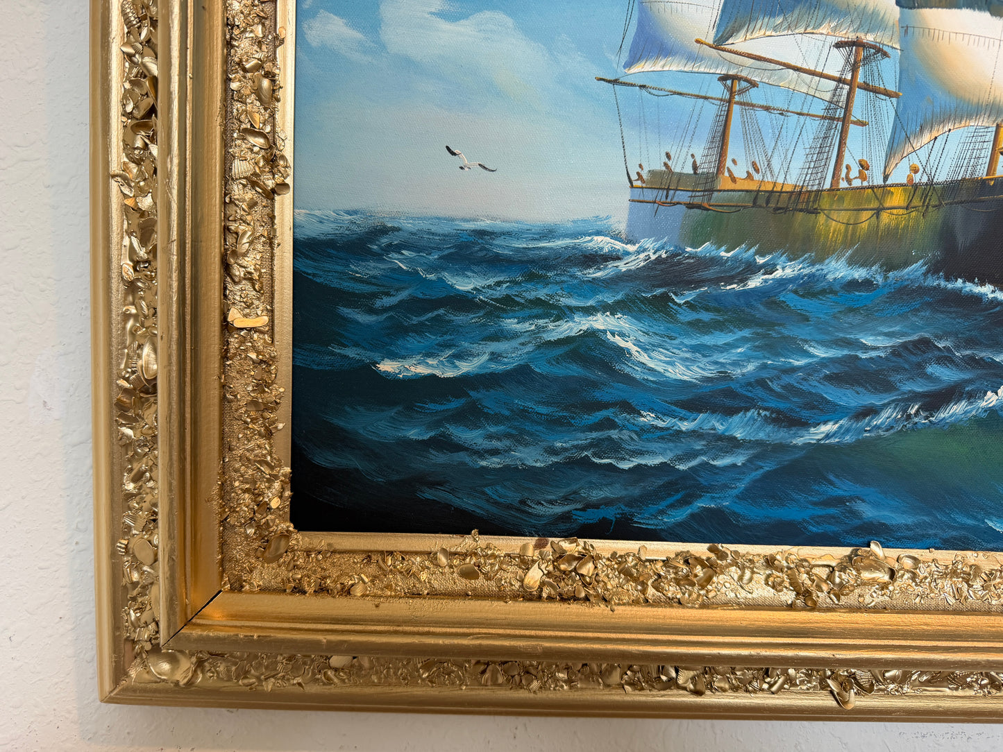 K.Dossi Original Sailing Ship Oil Painting, Nautical Seascape Unique Shell Decor