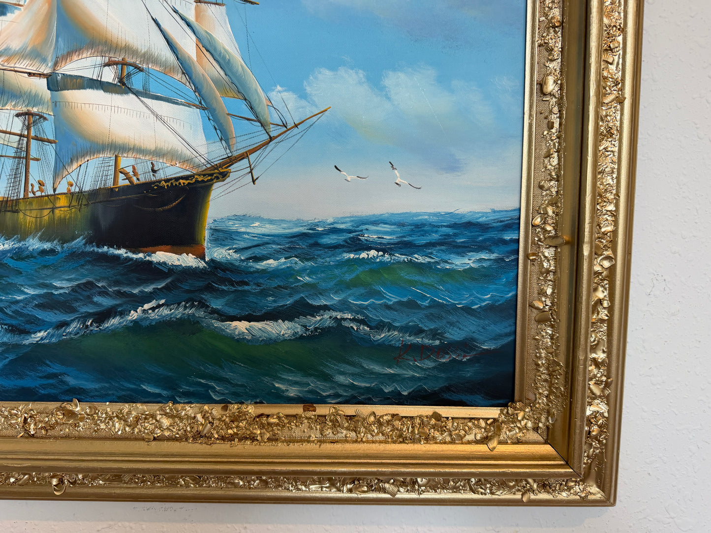 K.Dossi Original Sailing Ship Oil Painting, Nautical Seascape Unique Shell Decor