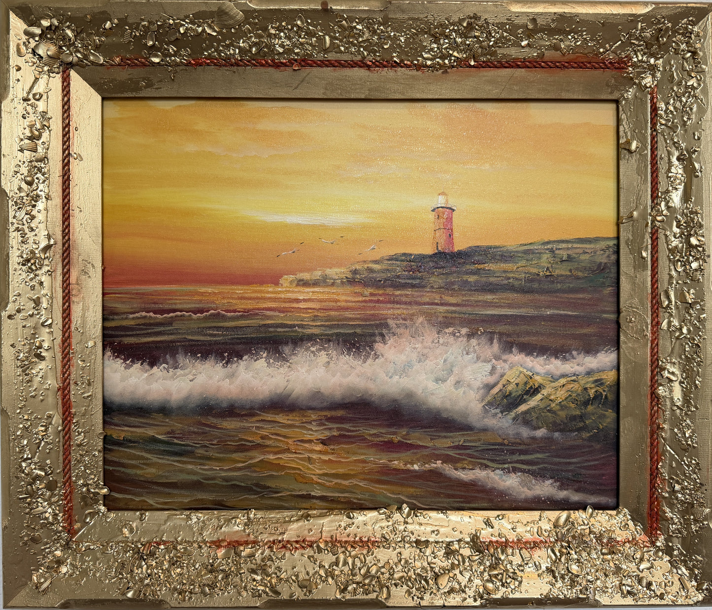 Vintage Oil Painting Lighthouse Sunset Seascape Coastal Art Unique Shell Decor