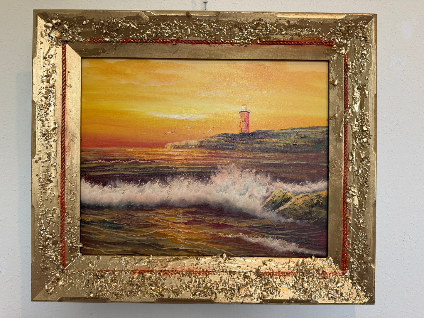 Vintage Oil Painting Lighthouse Sunset Seascape Coastal Art Unique Shell Decor
