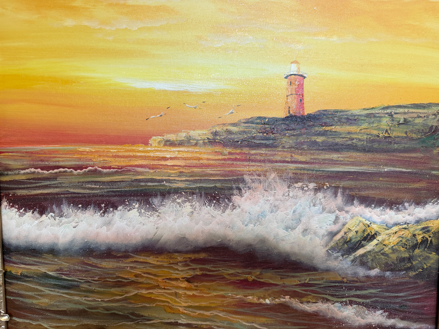 Vintage Oil Painting Lighthouse Sunset Seascape Coastal Art Unique Shell Decor