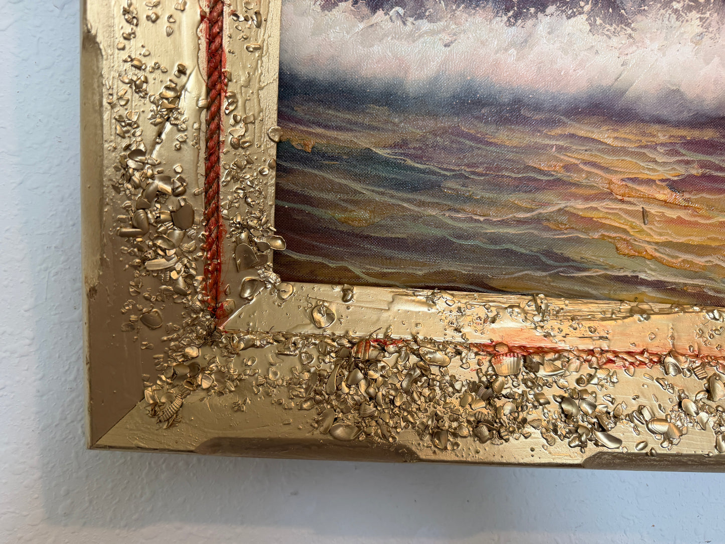 Vintage Oil Painting Lighthouse Sunset Seascape Coastal Art Unique Shell Decor
