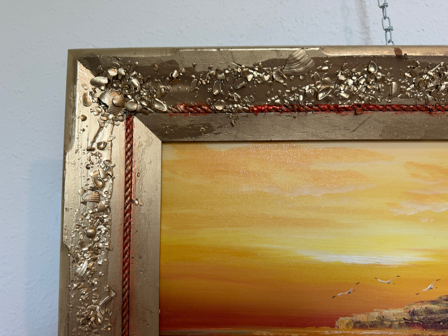 Vintage Oil Painting Lighthouse Sunset Seascape Coastal Art Unique Shell Decor