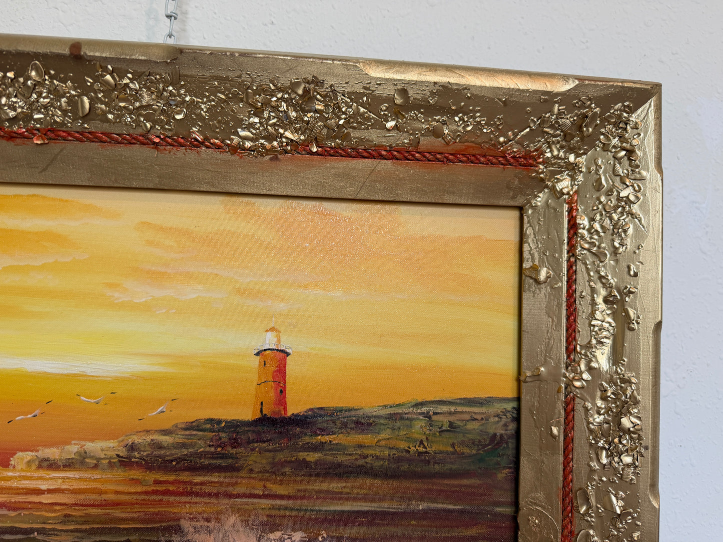 Vintage Oil Painting Lighthouse Sunset Seascape Coastal Art Unique Shell Decor