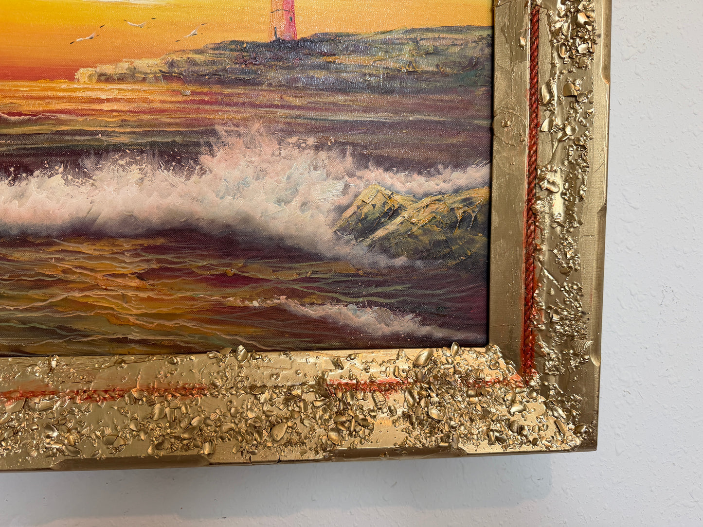 Vintage Oil Painting Lighthouse Sunset Seascape Coastal Art Unique Shell Decor