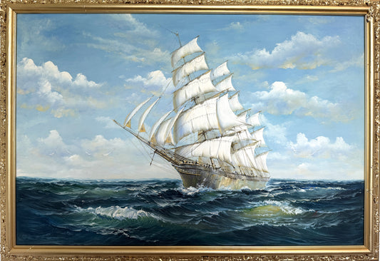 Oil Painting Tall Ship Seascape Maritime Art Sailing Ship Ocean Waves Signed