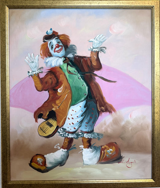 Oil Painting Clown Musician Signed L. Angeli Colorful Figurative Art Circus
