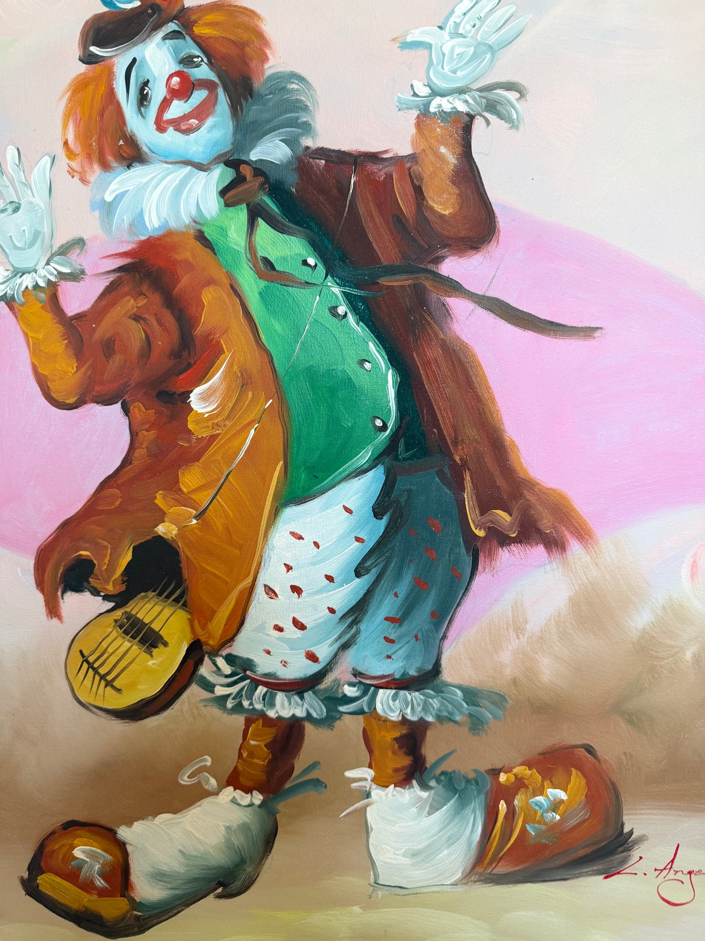 Oil Painting Clown Musician Signed L. Angeli Colorful Figurative Art Circus