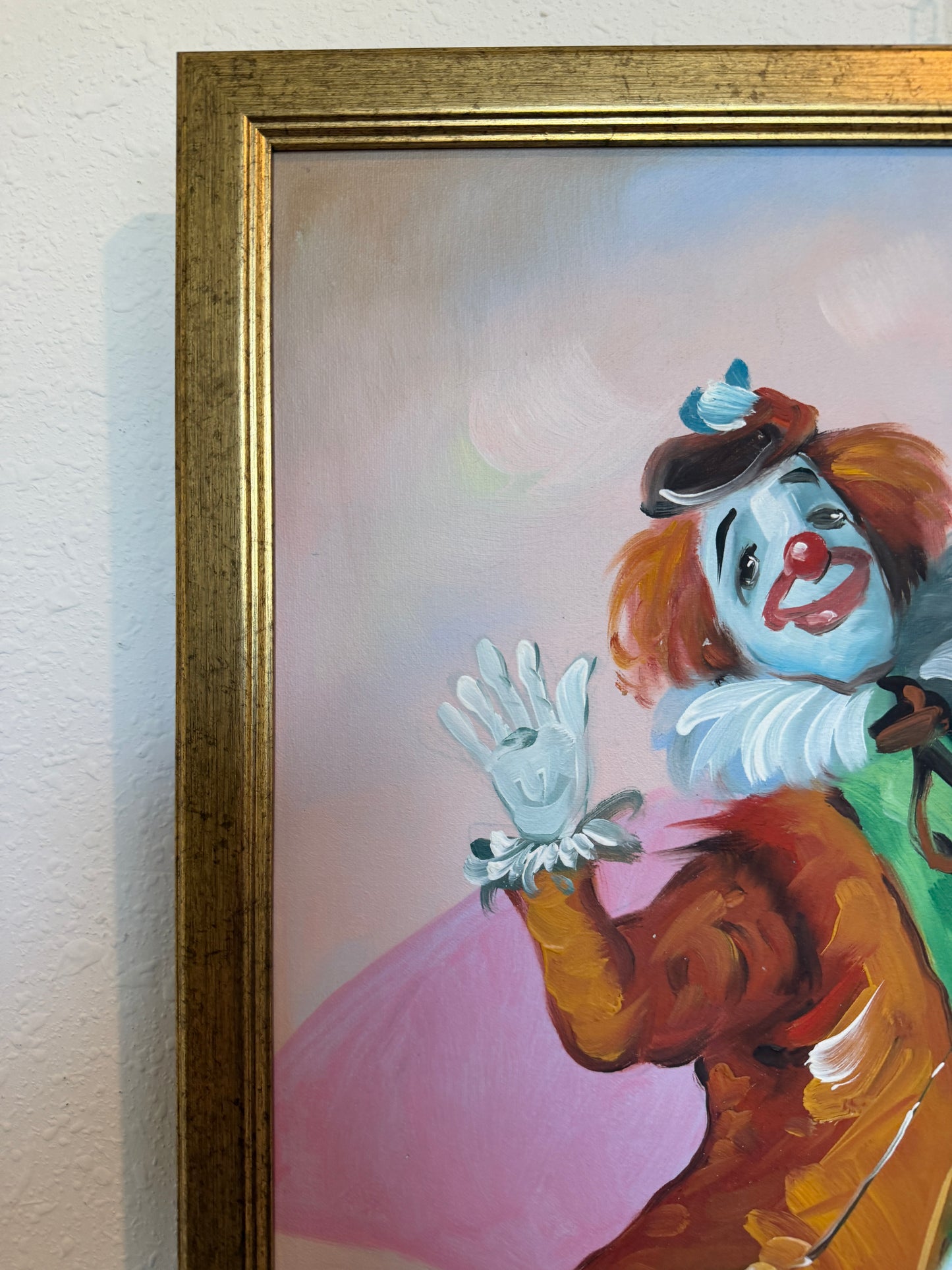 Oil Painting Clown Musician Signed L. Angeli Colorful Figurative Art Circus