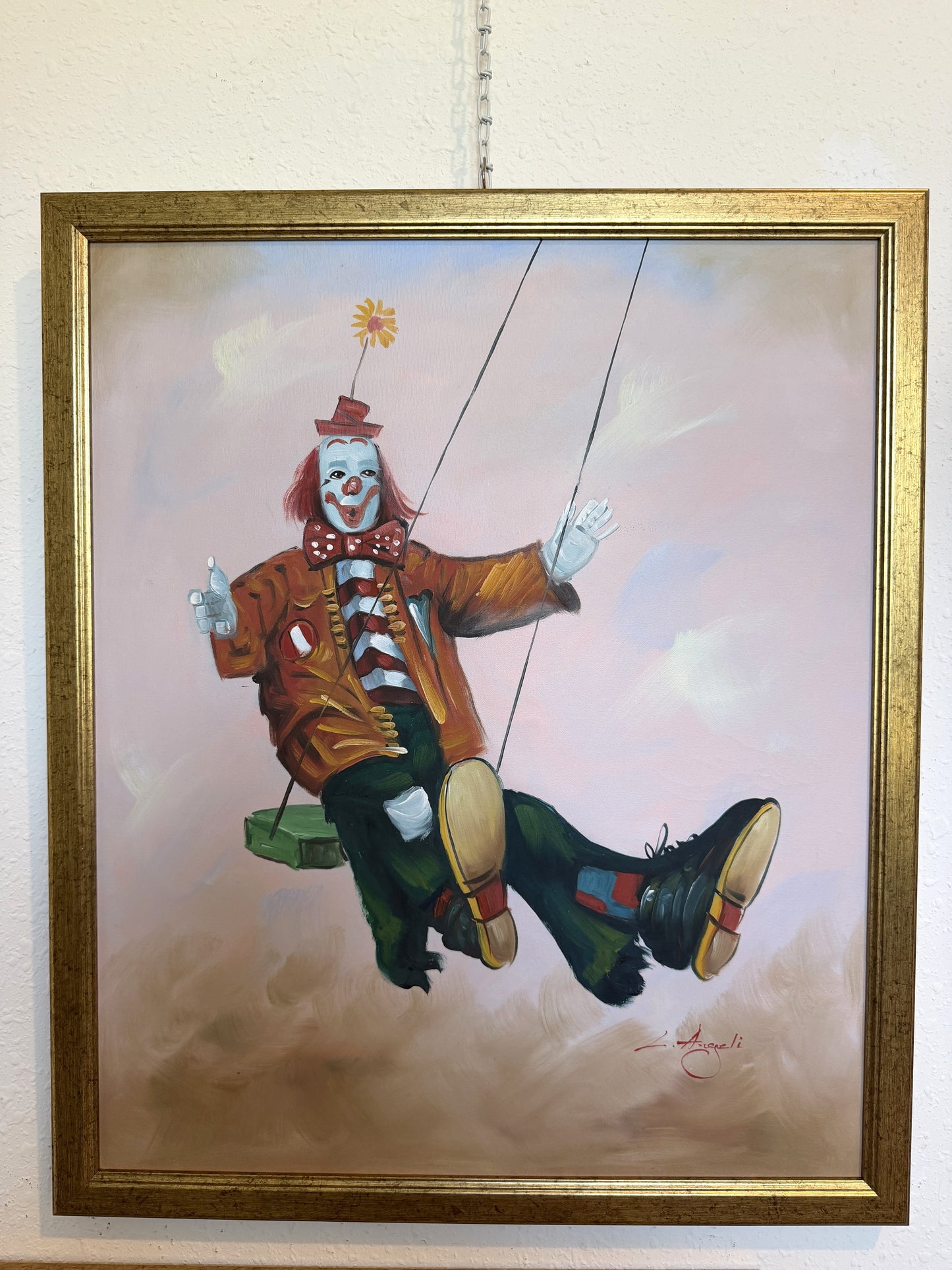 Oil Painting Clown on Swing Signed L. Angeli Colorful Figurative Art Circus