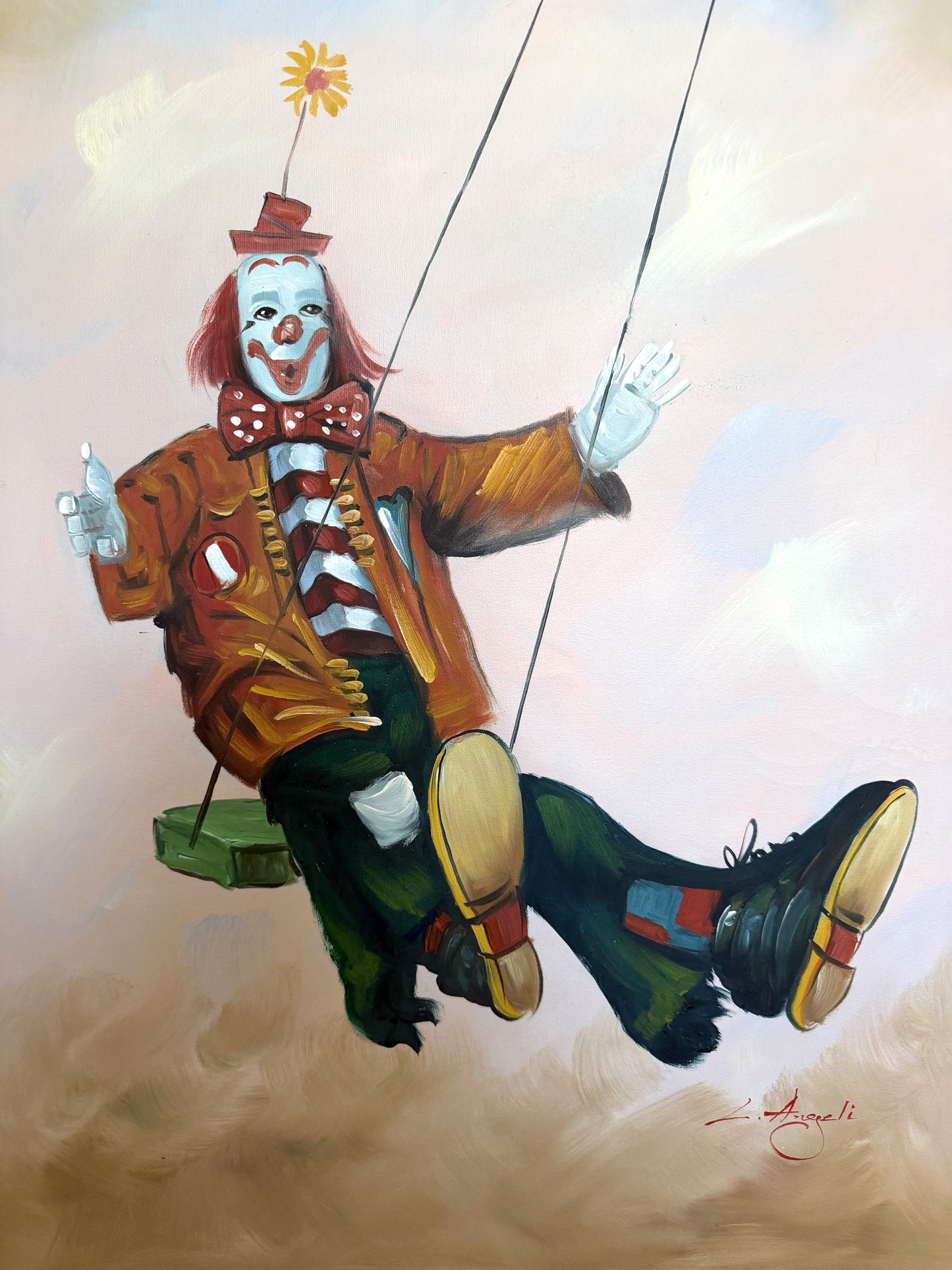 Oil Painting Clown on Swing Signed L. Angeli Colorful Figurative Art Circus
