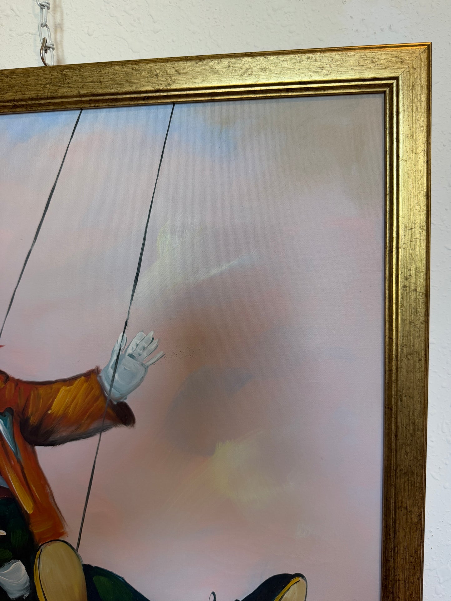 Oil Painting Clown on Swing Signed L. Angeli Colorful Figurative Art Circus