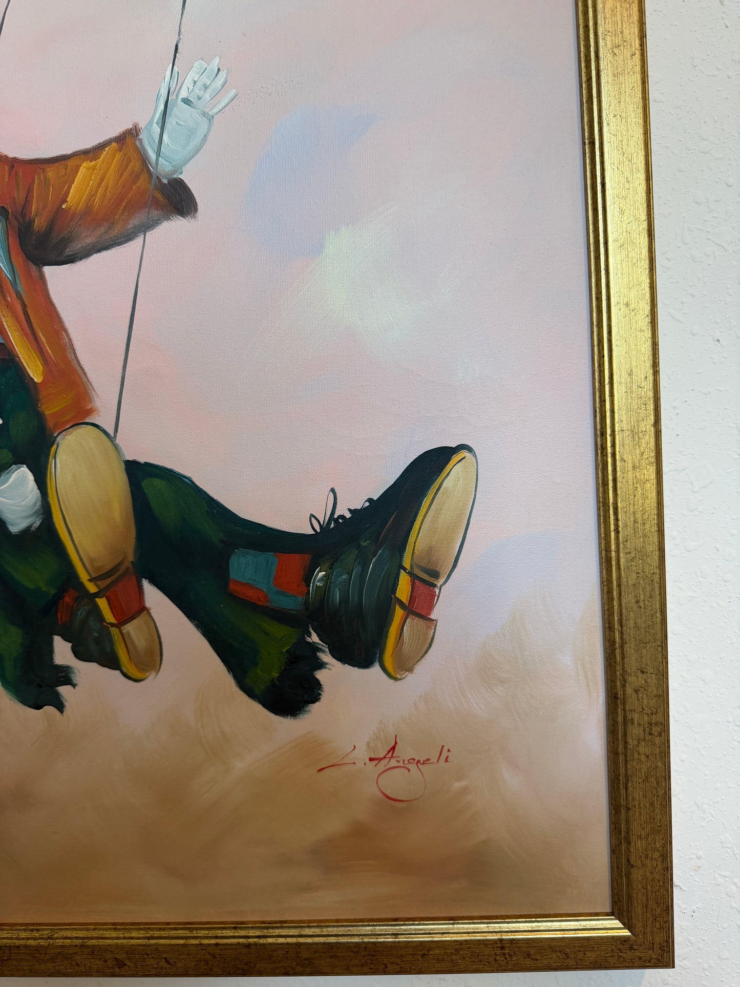 Oil Painting Clown on Swing Signed L. Angeli Colorful Figurative Art Circus