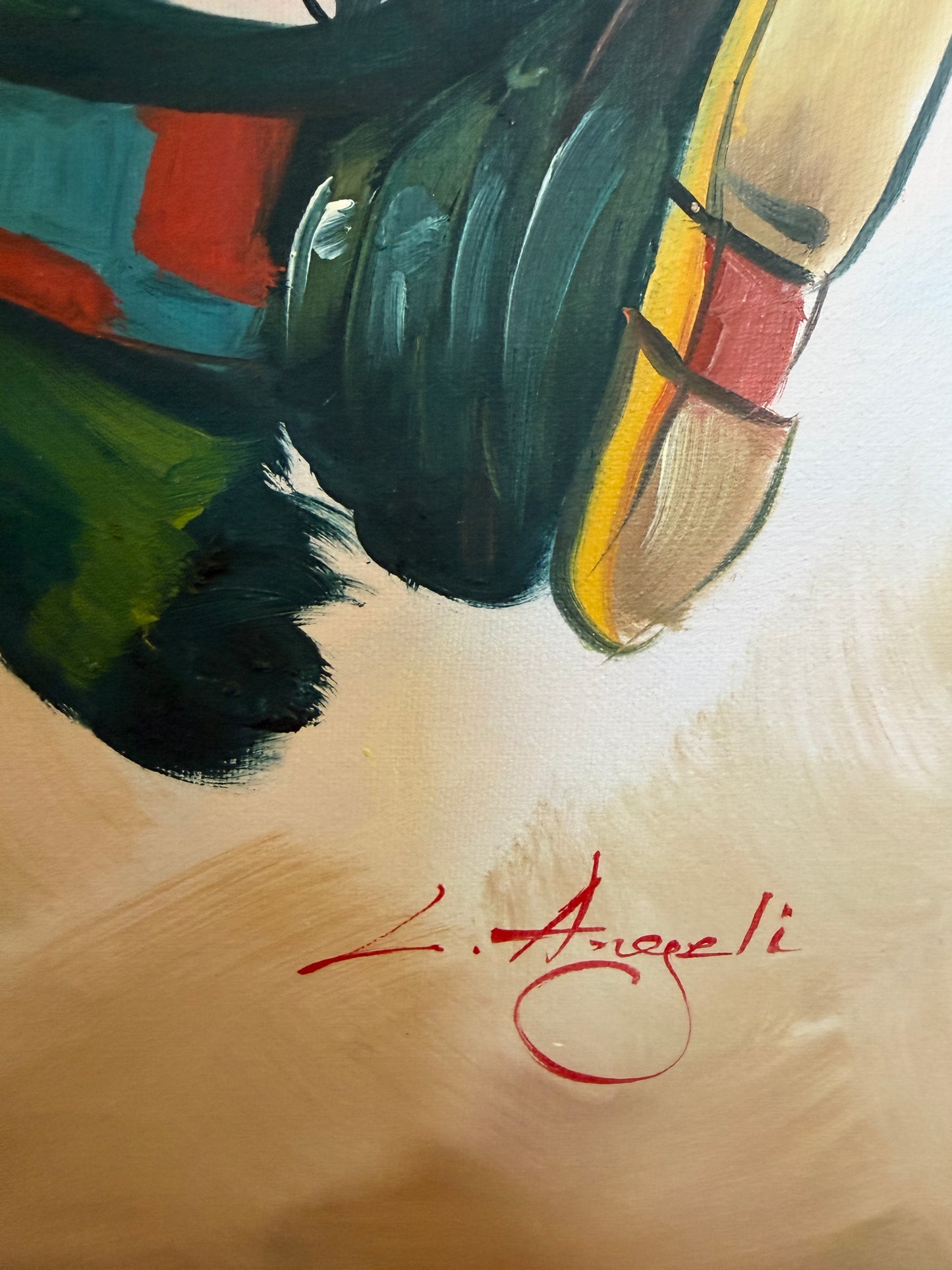 Oil Painting Clown on Swing Signed L. Angeli Colorful Figurative Art Circus