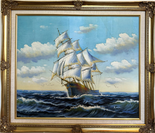 Oil Painting Sailing Ship Seascape Signed Maritime Art Ocean Waves Nautical