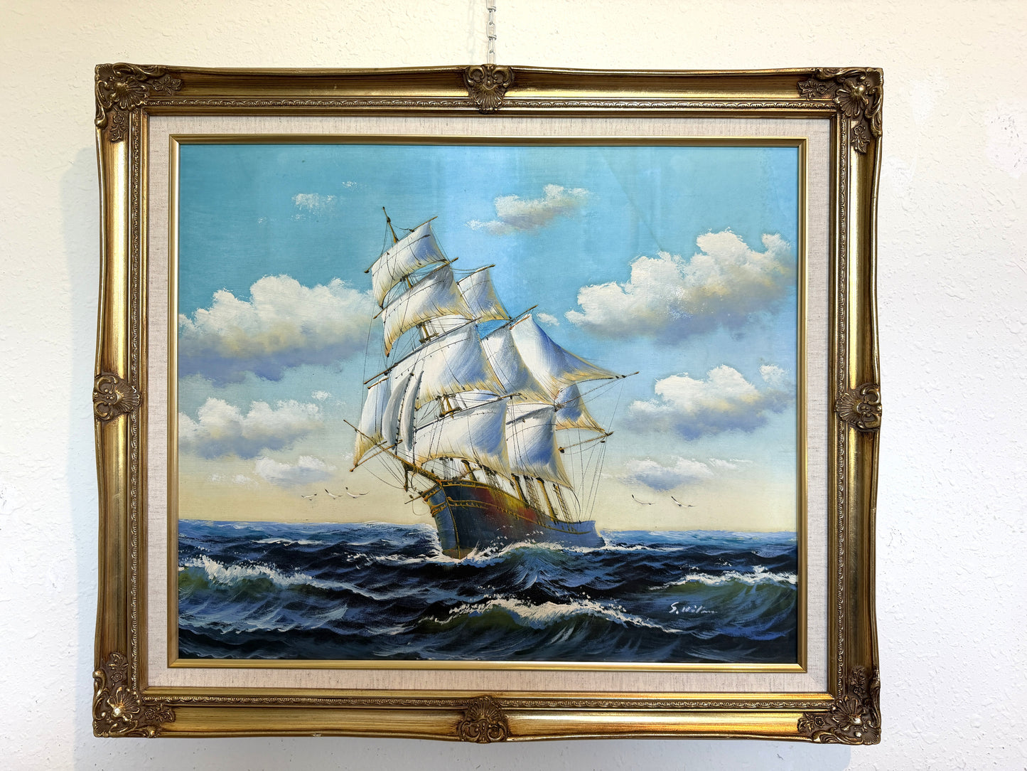 Oil Painting Sailing Ship Seascape Signed Maritime Art Ocean Waves Nautical