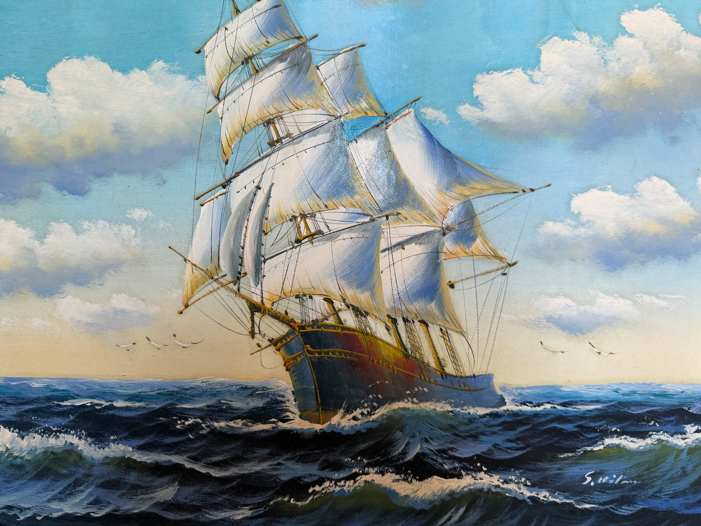 Oil Painting Sailing Ship Seascape Signed Maritime Art Ocean Waves Nautical