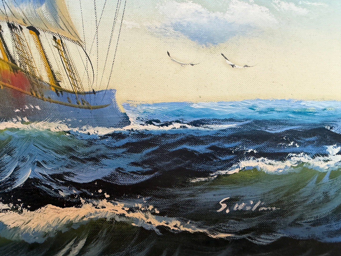 Oil Painting Sailing Ship Seascape Signed Maritime Art Ocean Waves Nautical