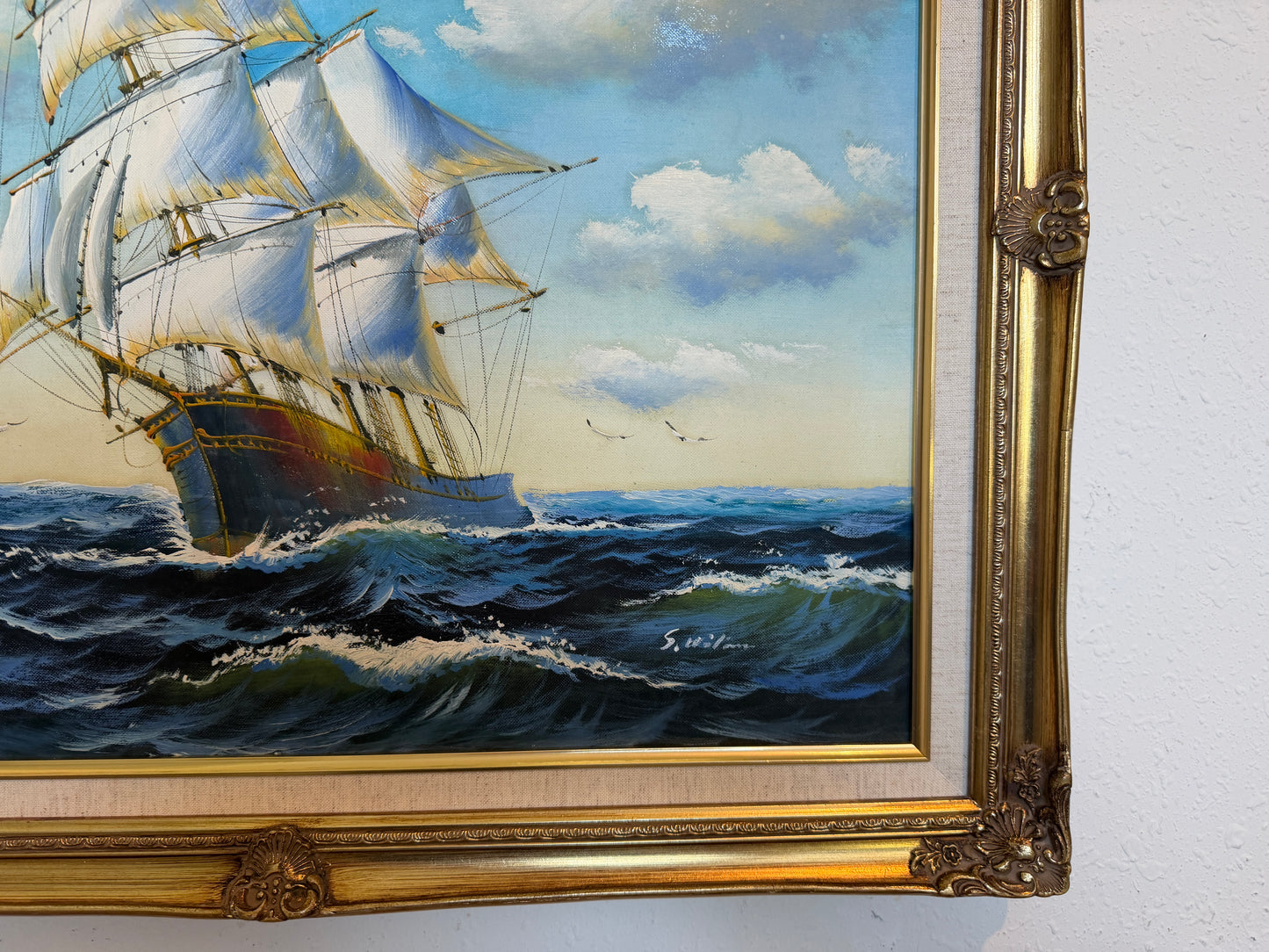 Oil Painting Sailing Ship Seascape Signed Maritime Art Ocean Waves Nautical