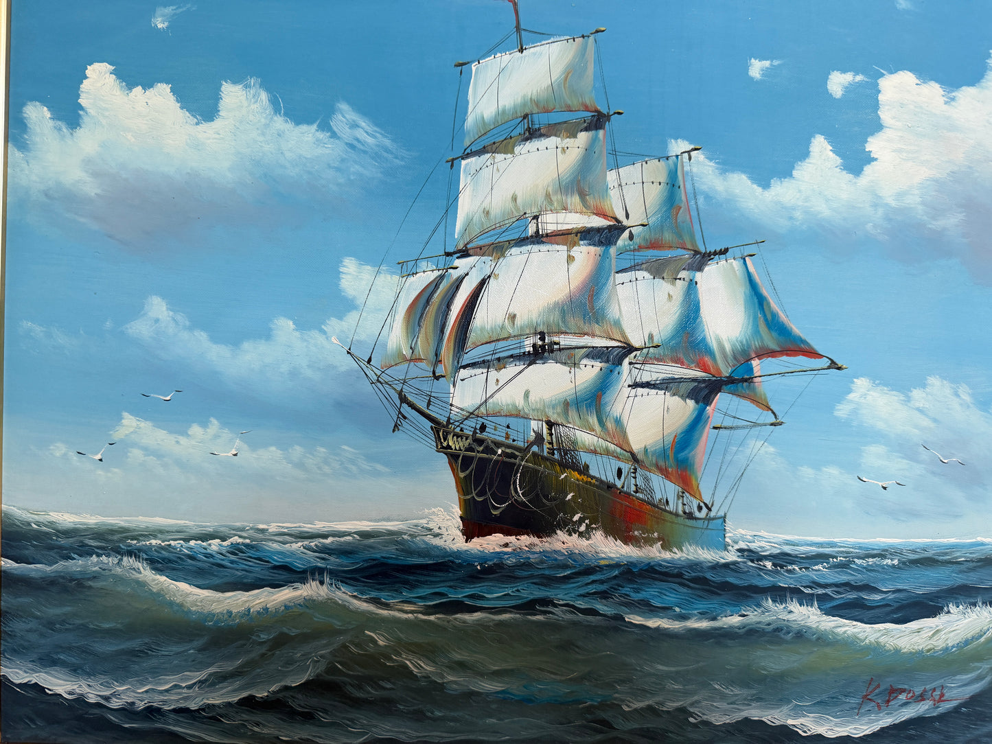 K. Dossi Oil Painting Sailing Ship Seascape Signed Maritime Art Ocean Nautical