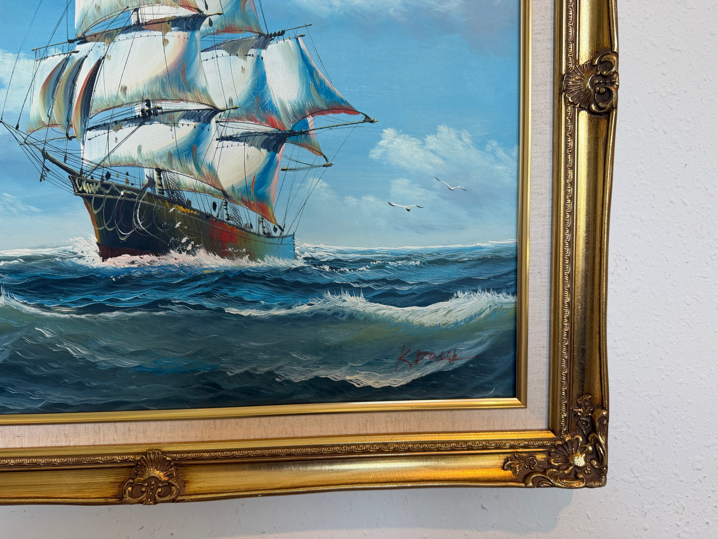 K. Dossi Oil Painting Sailing Ship Seascape Signed Maritime Art Ocean Nautical