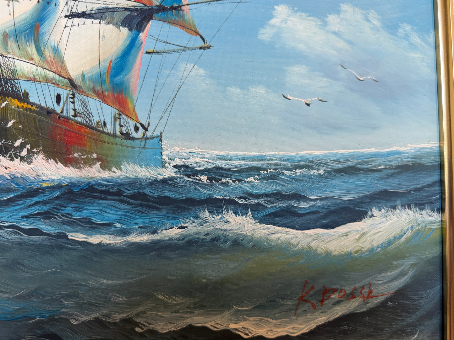 K. Dossi Oil Painting Sailing Ship Seascape Signed Maritime Art Ocean Nautical