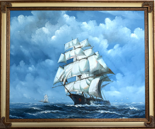 Large Vintage Oil Painting Sailing Ship Seascape Signed Maritime Ocean Art