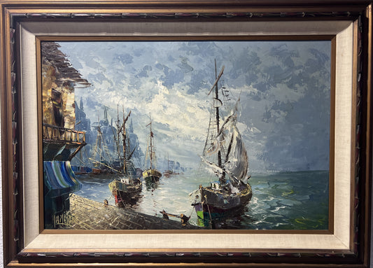 Signed Vintage Original Oil painting on Canvas, Seascape, Harbor Scene, Framed