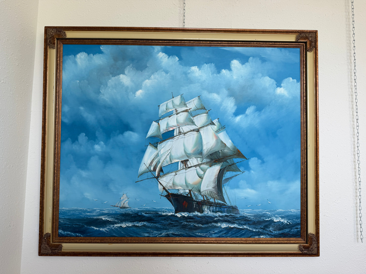 Large Vintage Oil Painting Sailing Ship Seascape Signed Maritime Ocean Art