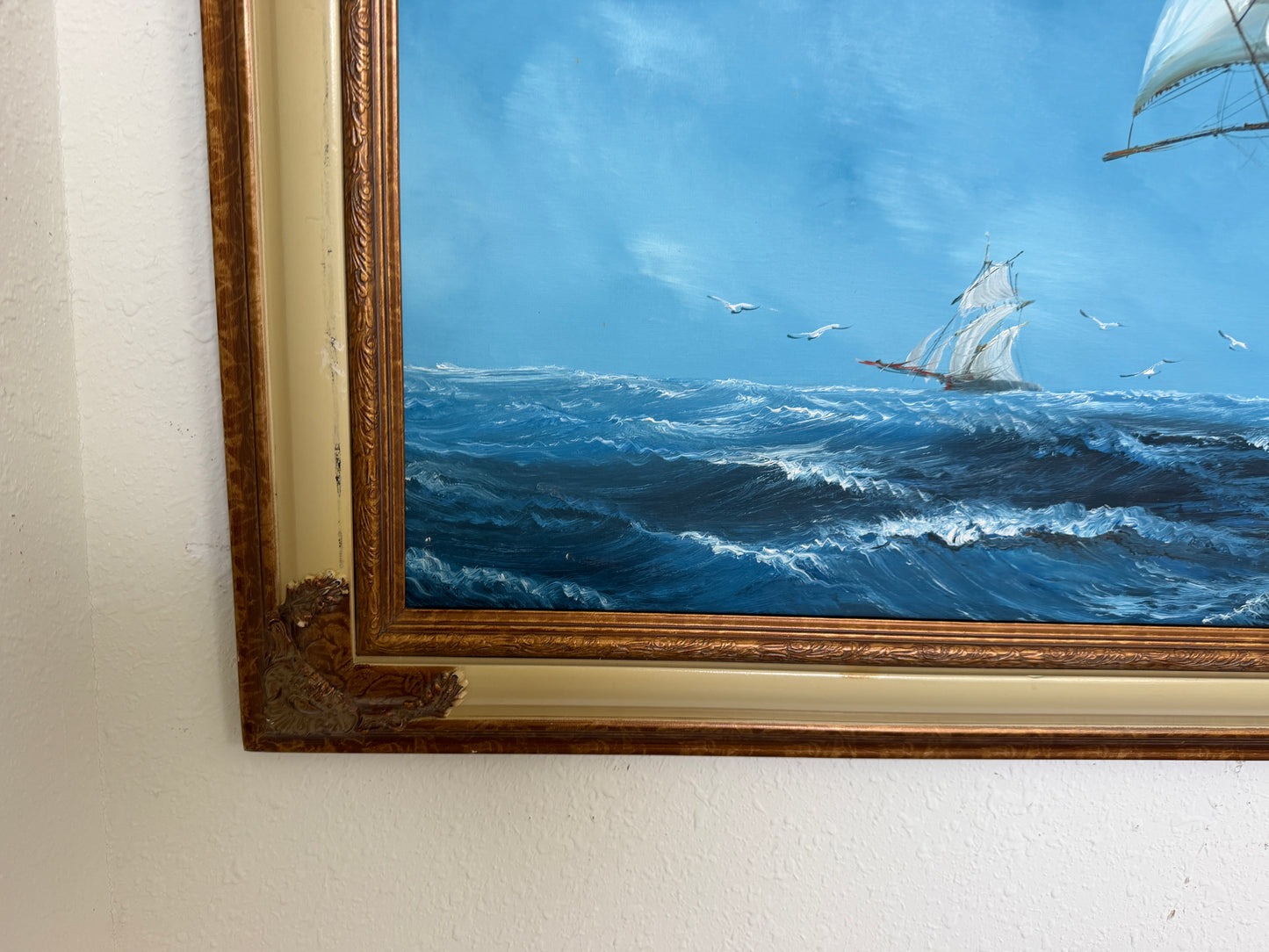 Large Vintage Oil Painting Sailing Ship Seascape Signed Maritime Ocean Art