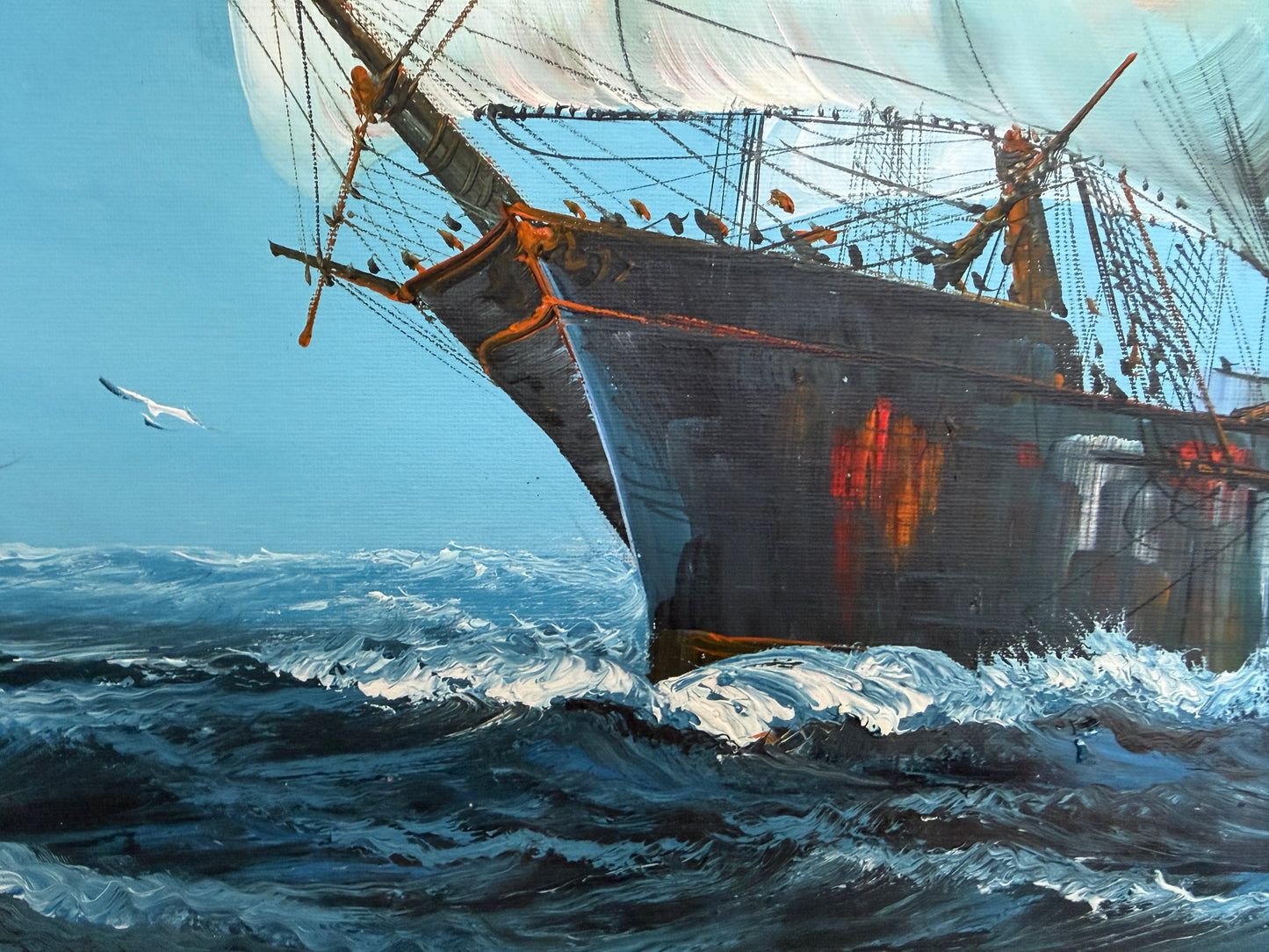 Large Vintage Oil Painting Sailing Ship Seascape Signed Maritime Ocean Art