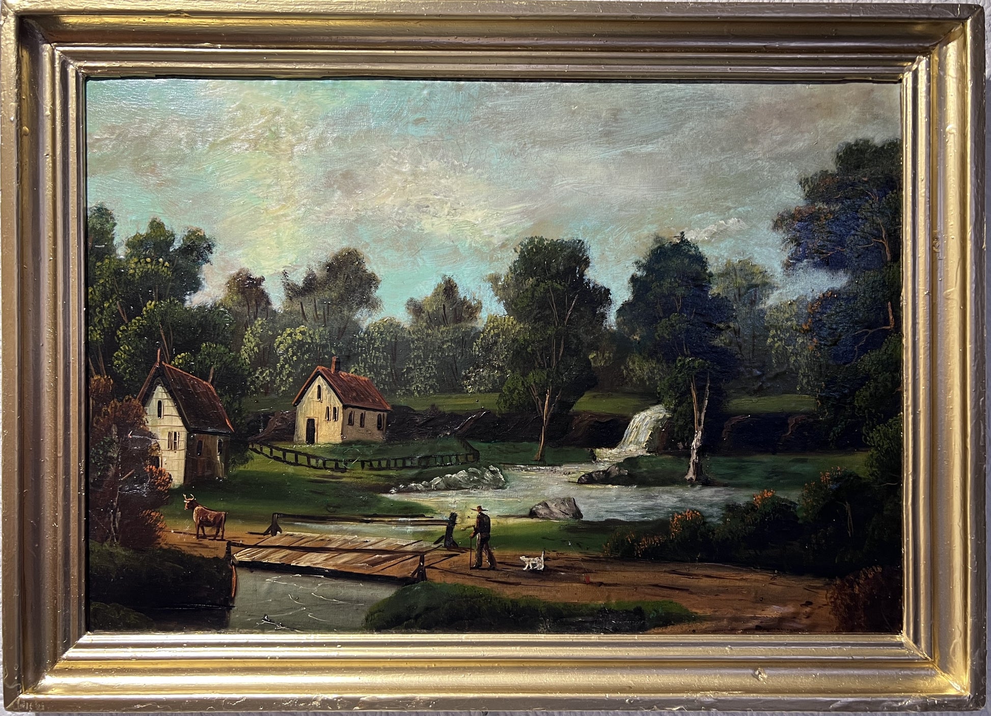 Antique oil painting on canvas, Rural Landscape, Figures, Unsigned, Framed