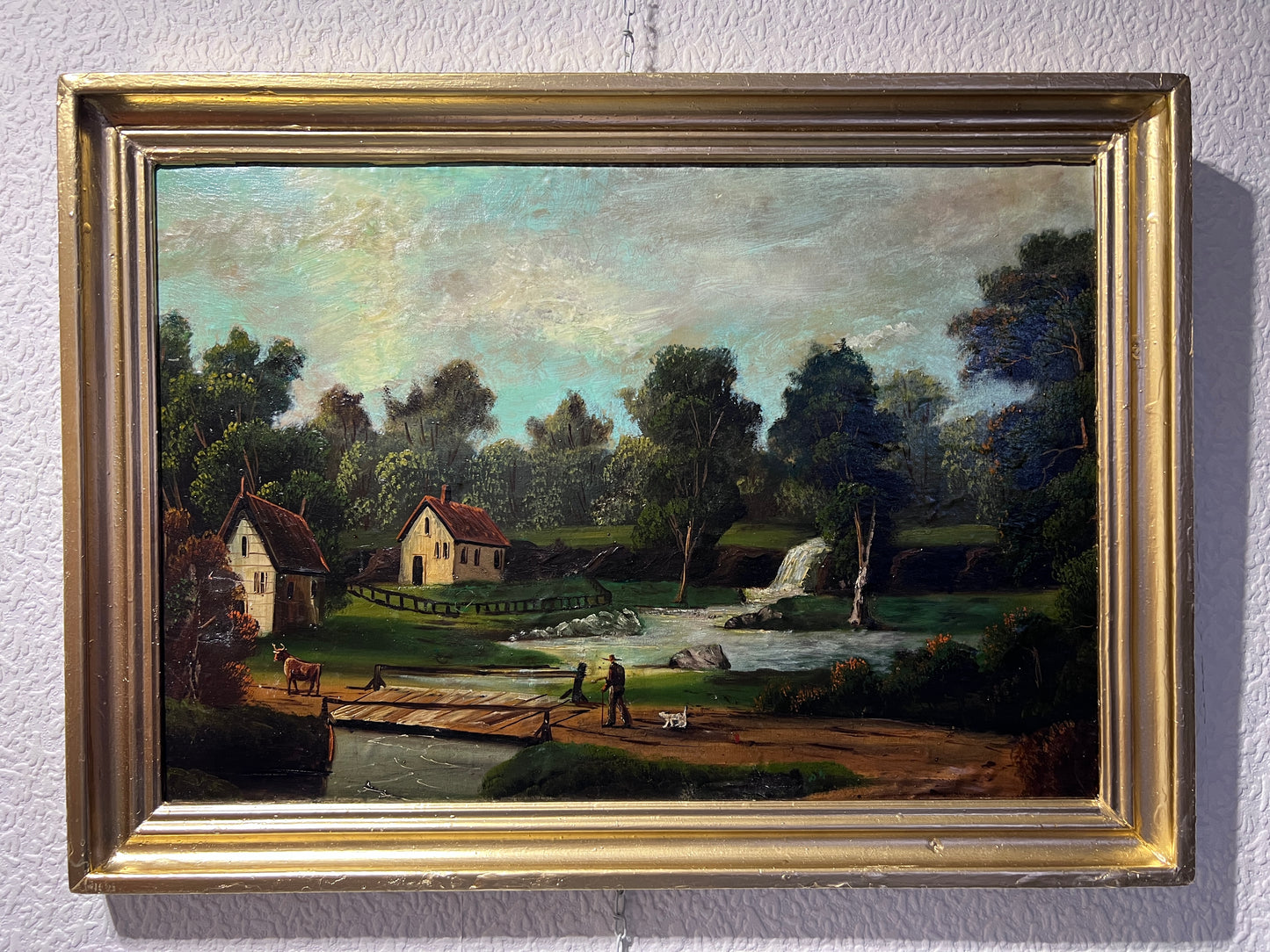 Antique oil painting on canvas, Rural Landscape, Figures, Unsigned, Framed