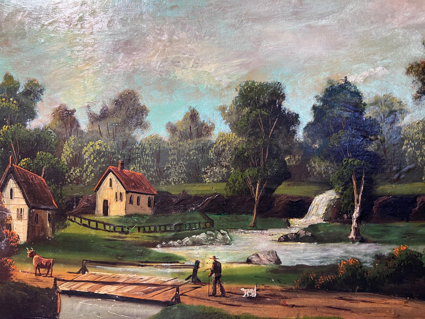 Antique oil painting on canvas, Rural Landscape, Figures, Unsigned, Framed