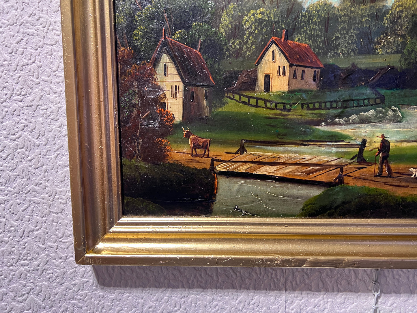 Antique oil painting on canvas, Rural Landscape, Figures, Unsigned, Framed