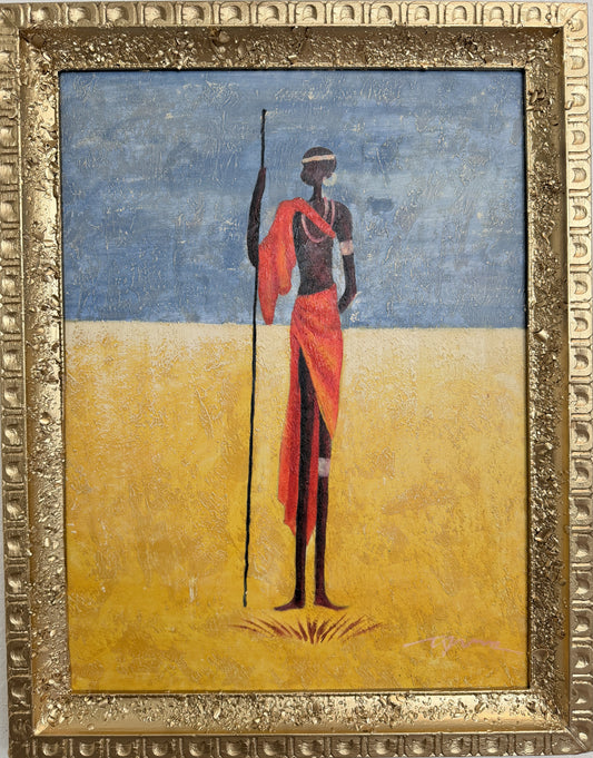 African Tribal Figure Oil Painting Textured Modern Ethnic Wall Art Framed