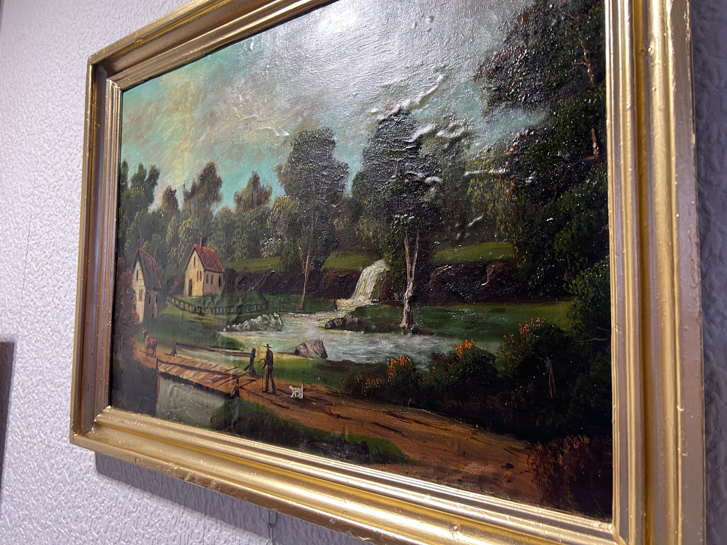 Antique oil painting on canvas, Rural Landscape, Figures, Unsigned, Framed