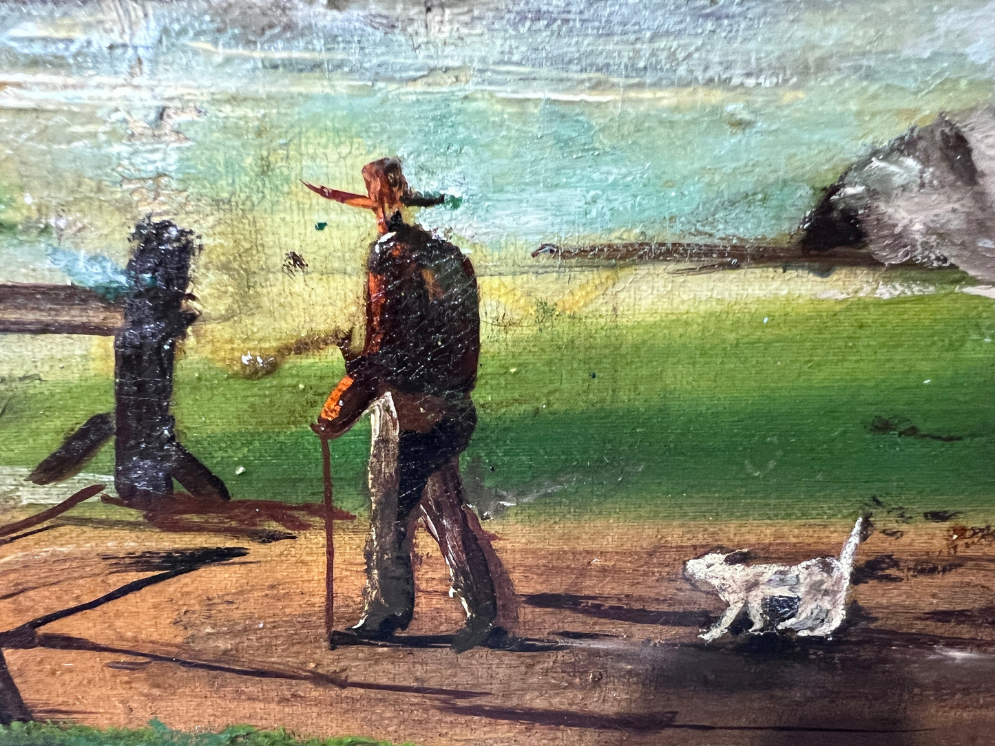 Antique oil painting on canvas, Rural Landscape, Figures, Unsigned, Framed