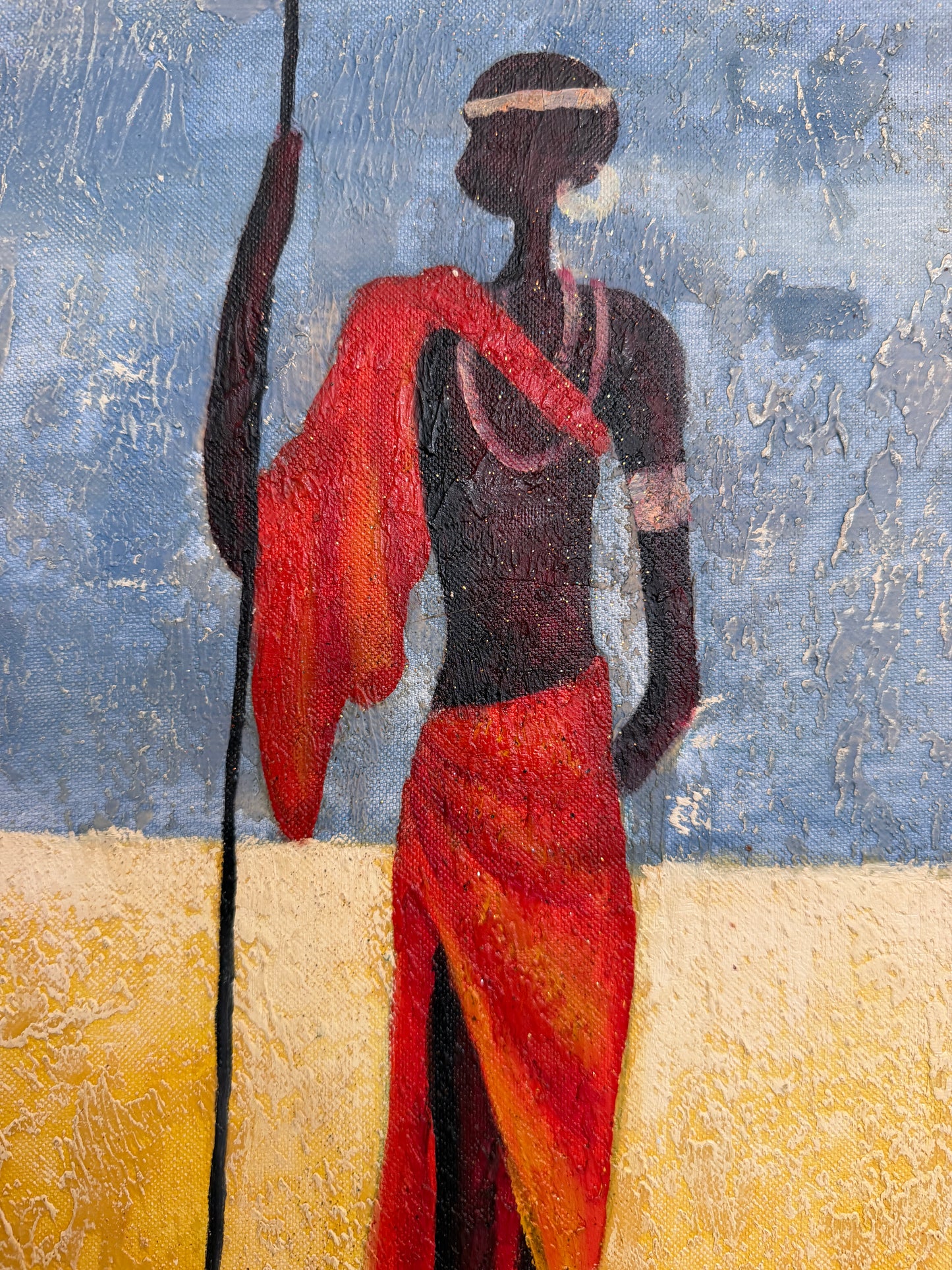 African Tribal Figure Oil Painting Textured Modern Ethnic Wall Art Framed